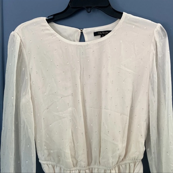 CITY Studio Juniors' Lurex Dot Ruffled Fit & Flare Dress Color Cream Size S - Picture 9 of 12